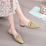 Finn Chain Pointed Toe Mule Closed Toe Half Slippers Women's Summer Outer Wear Pointed Toe Women's Shoes Chunky Heel