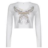 90S Fashion Autumn Street Retro Hot Rhinestone Printed Long-Sleeved T-shirt for Hot Girls