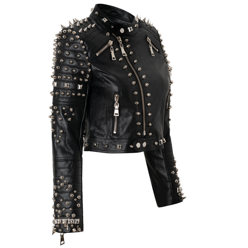 Women's Leather Jacket Biker Motorcycle Coat Spring Printed Rivet Coat Short Leather Coat for Women