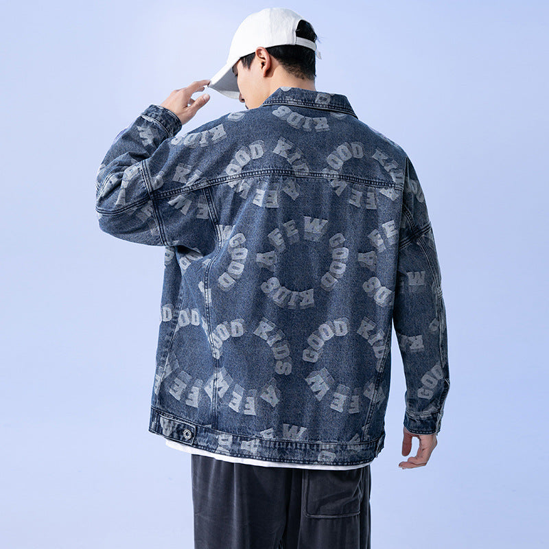 Denim Varsity Jacket Jacquard Denim Jacket Men's Spring and Autumn Loose plus-Sized Size Jacket