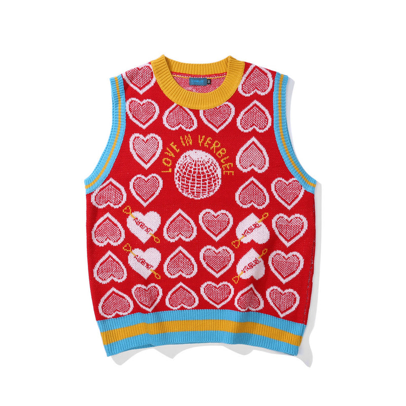 Men Sweater Vest Love Jacquard Color Matching Sweater Waistcoat Men's Loose round Neck Sleeveless Sweater Vest