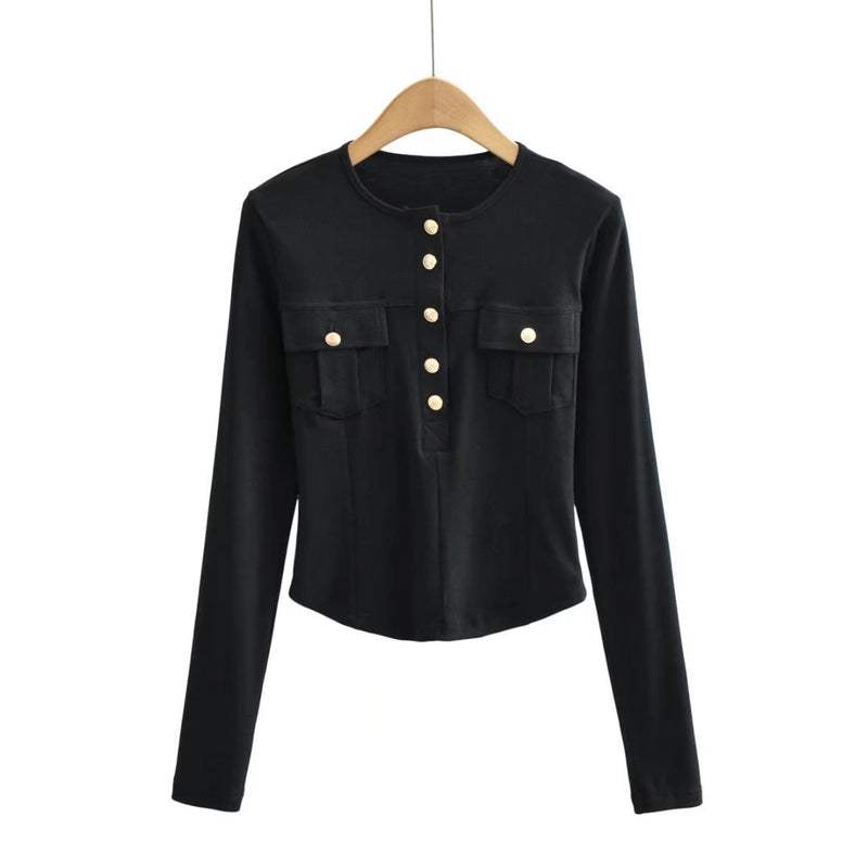 Women Fall Fall Fall Four Colors Gold Buckle Pocket Long Sleeve T-shirt Slim Fit Top