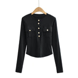 Women Fall Fall Fall Four Colors Gold Buckle Pocket Long Sleeve T-shirt Slim Fit Top