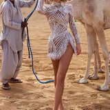 Lady Gaga Dress Short Skirt Long Sleeve Gold Tassel Split Dress