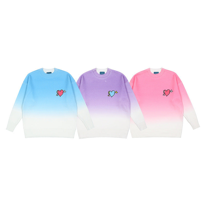 Mens Fall Outfits Gradient Heart Printing round Neck Pullover Knitted Sweater Men and Women