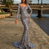 Bohemian Chic Wedding Guest Dress Bronzing Long Sleeve Slim-Fit Sequined Sexy Evening Dress