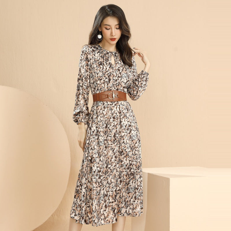 Emery Rose Dresses Autumn Crew Neck Floral Tight Waist Lace-up Dress