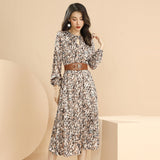 Emery Rose Dresses Autumn Crew Neck Floral Tight Waist Lace-up Dress