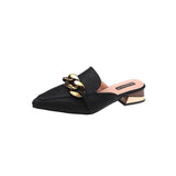 Finn Chain Pointed Toe Mule Spring and Autumn Lazy Pump Half Slippers Women's Outer Wear Chunky Heel All-Matching Low Heel Slippers Mules Shoes