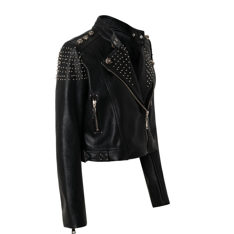 Women Leather Jacket Biker Motorcycle Coat Large Size Leather Jacket Women's Spring and Autumn Jacket Slim-Fit Leather Coat