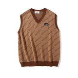 Men Sweater Vest Letter Jacquard Color Matching Sweater Vest Men's BF Idle Style Loose V-neck Sleeveless Sweater Pullover