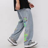 Mens Fall Outfits Vintage High Street Cross Graffiti Printing Jeans Men and Women Straight Loose-Fitting Wide-Leg Trousers