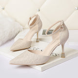 Nude Block Heels Closed Toe Sandals Rhinestone Women's Shoes
