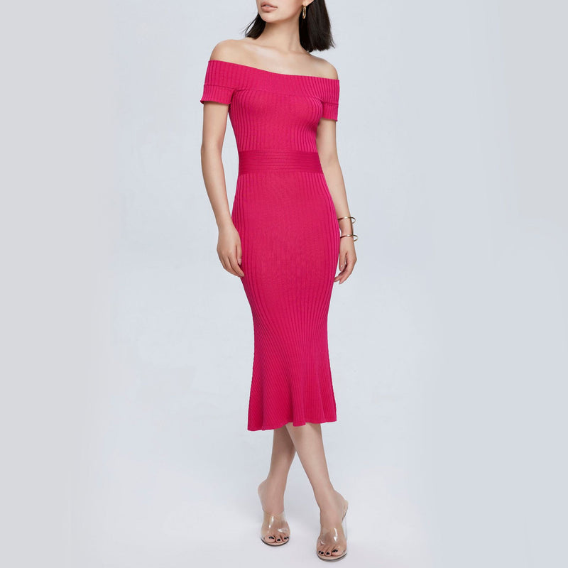 Women Spring Dress Knitted Fitted Waist Slimming Knitted Sweater Long Louver Dress