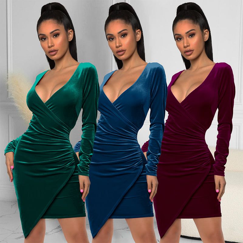 Winter Formal Dresses Long Sleeve Solid Color Dress Gold Velvet Gown