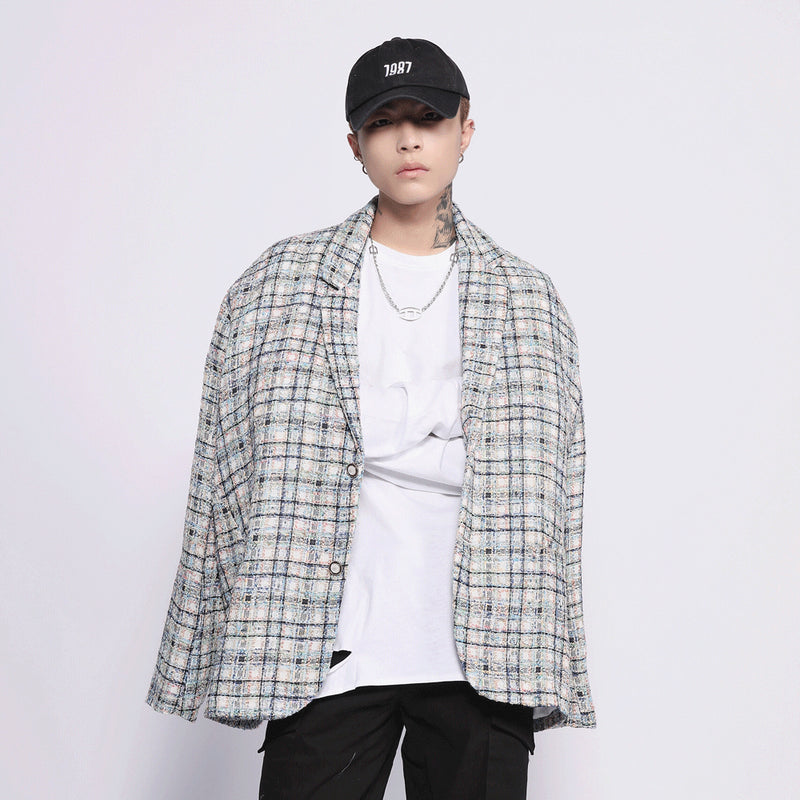 Men's Casual Suit Man Blzer Plaid Blazer Men's Loose Lapels Jacket Casual Small Suit