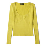 Women Fall Fall Fall Six-Color Square Collar Patchwork Knitting Top Slim Fit Short Sweater