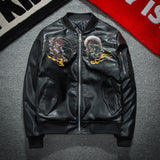 Graphic Leather Jacket Women's Spring and Autumn Air Force Flight Suit Leather Men's Baseball Collar PU Leather Harley Pilot Couple Jacket Jacket