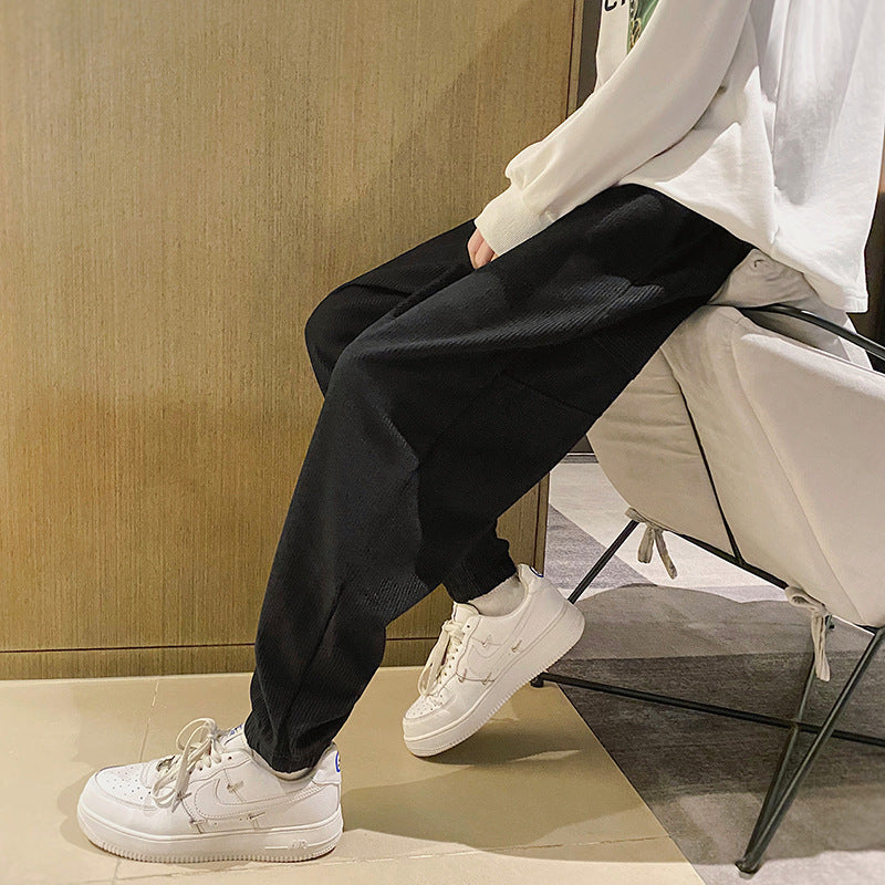 Mens Corduroy Pants Fall/Winter Loose Drooping Fleece Straight Ankle Banded Pants Casual Pants
