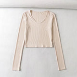 Women Fall Fall Five-Color Small V-neck Long Sleeve T-shirt Slim-Fit Crop-Top