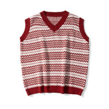 Men Sweater Vest Contrasting Color Jacquard Sweater Vest Vest Men's BF Idle Style Loose V-neck Sleeveless Sweater Coat