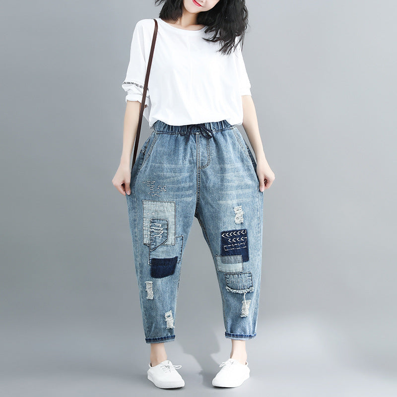 Women Patchwork Jeans Ripped Embroidered Jeans Distressed