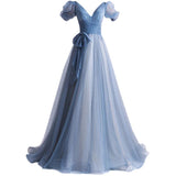 Women'S Evening Dress Ball Gown Princess Quinceanera Wedding Dresses Blue Starlight Deep V-Neck Puff Sleeve Banquet Host Evening Dress