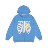 Skeleton Varsity Jacket Skull Printed Full-Zip Cardigan Coat Hooded