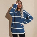 Women Fall Outfits Autumn and Winter round Neck Loose Stripe Pullover Knitted Sweater