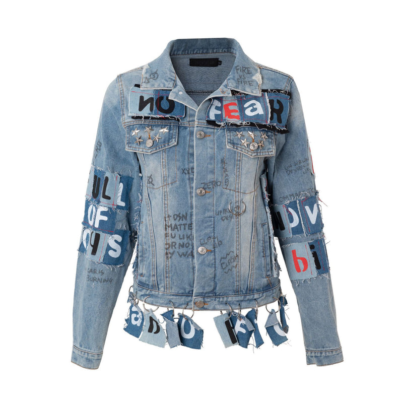 Patchwork Denim Jacket Spring and Autumn Letter Denim Jacket Trendy Punk