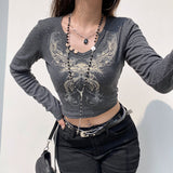 90S Fashion Autumn Street Retro Hot Rhinestone Printed Long-Sleeved T-shirt for Hot Girls