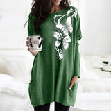 Skull Dress Casual round Neck T-shirt Printed Long Sleeve Pocket Loose Dress