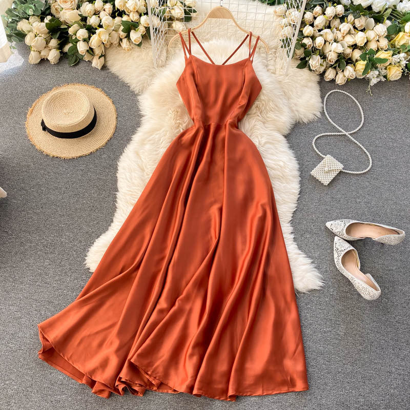 Burnt Orange Dress Sexy Lace-up Backless Suspender Dress Dress