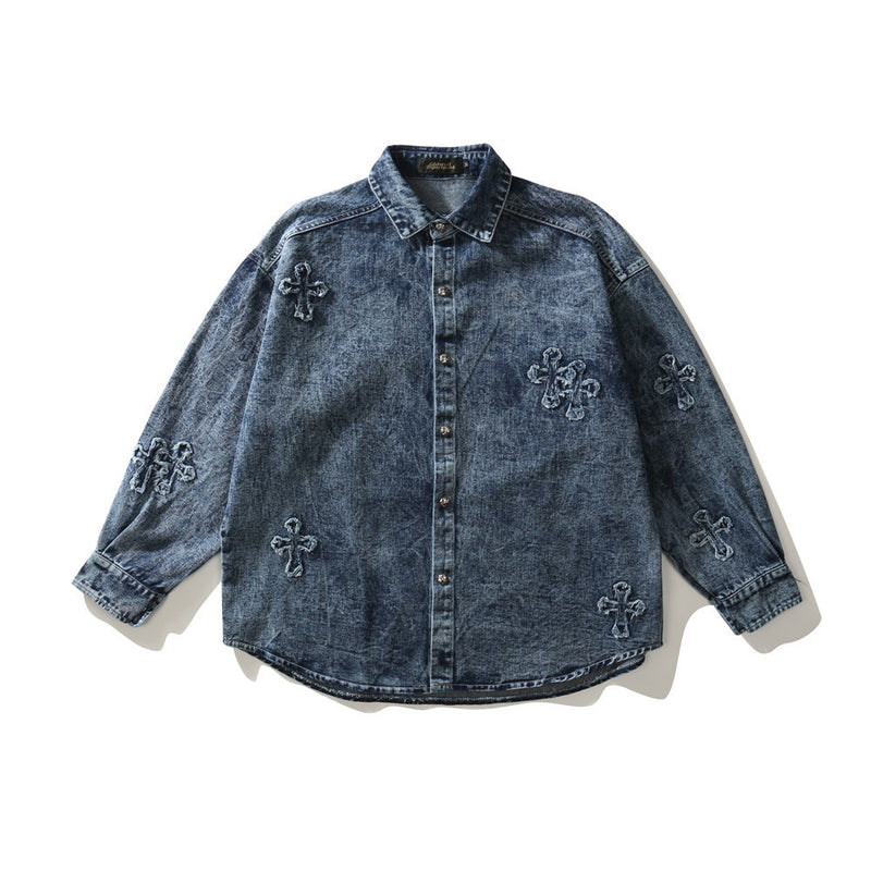 Men Denim Coat Jean Jackets Cross Jacquard Embroidered Denim Shirt Long Sleeve Men Loose Lapels Denim Jacket