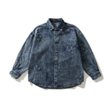 Men Denim Coat Jean Jackets Cross Jacquard Embroidered Denim Shirt Long Sleeve Men Loose Lapels Denim Jacket