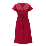 Mauve Dress Summer Dress Sexy Short Sleeve Solid Color Buttons V-neck Vest Skirt plus Size Women's Clothing