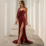 Burgundy Dresses for Wedding Summer One Shoulder Irregular Sequins Dress Women