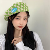 Check Beret Hat Knitted Thin Spring and Summer Leisure