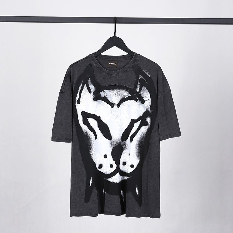 GVC T Shirt Bulldog Graffiti Distressed Cotton Short T-shirt plus Size Loose Men and Women