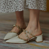 Finn Chain Pointed Toe Mule Muller Shoe Tip Chunky Heel Slippers Female Mid Heel Slippers Spring and Summer Women's Shoes