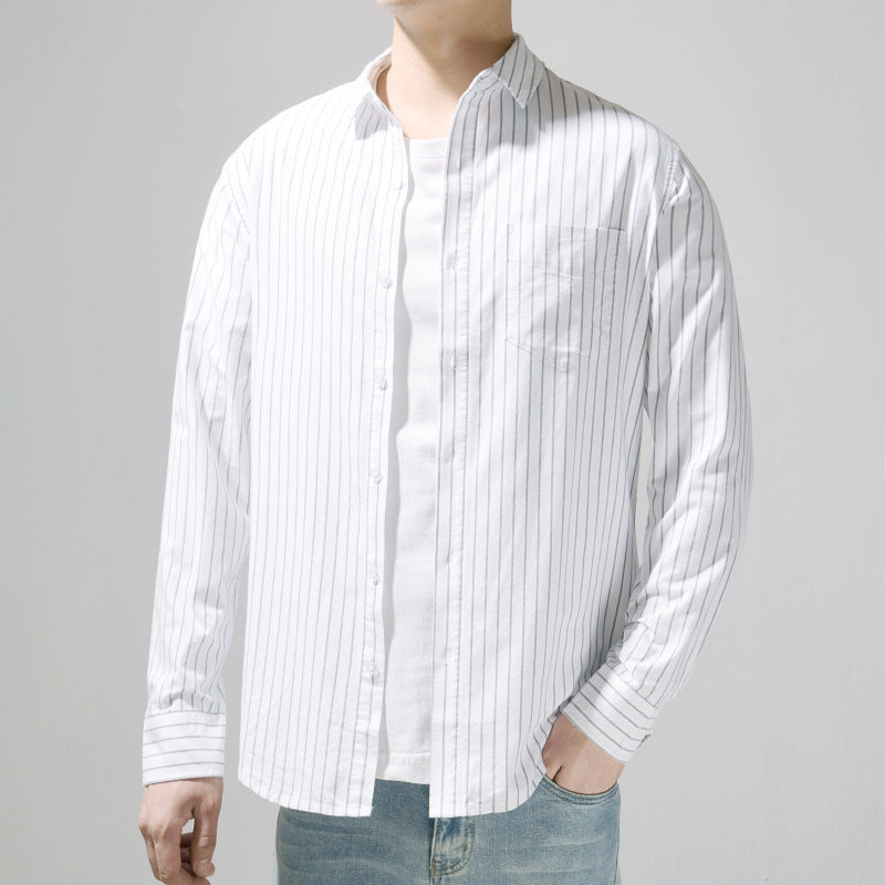 White Work Shirts Autumn and Winter White Spring and Autumn Square Collar Striped Youth Loose Cotton Shirt