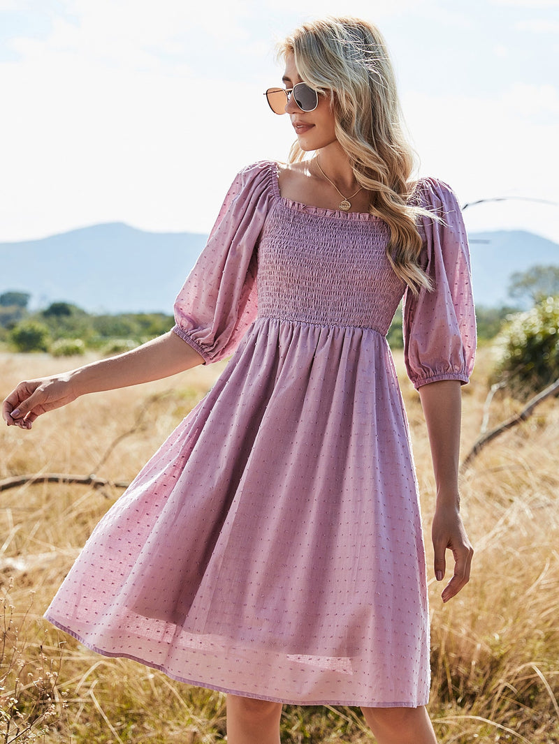 Milkmaid Purple High Waist Short Sleeve Solid Color Sling Summer Dresses