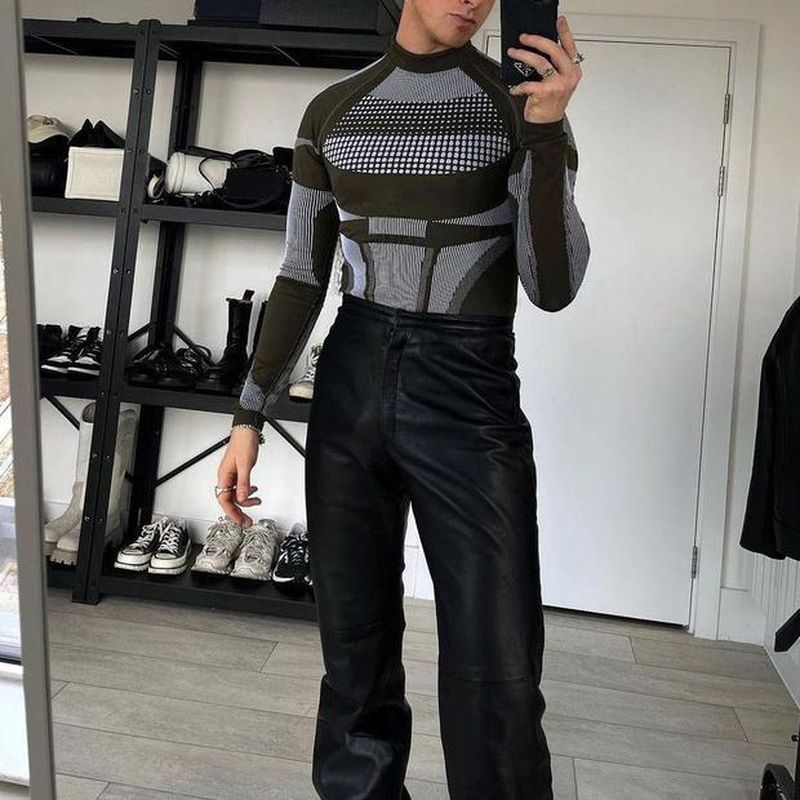 Rave Outfits Mens Long Sleeve Shirt Sexy Slim Bottoming Shirt Men's Casual Turtleneck Knitting T-shirt