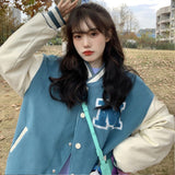 Blue Varsity Jacket Baseball Uniform Girls' Spring and Autumn Junior High School Students Korean Style Loose-Fitting Versatile Thin Jacket