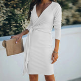 Winter Formal Dresses V-neck Slim Sexy Fashion Belt Dress