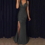 Bohemian Chic Wedding Guest Dress Split Sequins Dress Long Dress Evening Gown