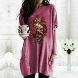 Skull Dress Casual round Neck T-shirt Women's Long Sleeve Pocket Loose Dress
