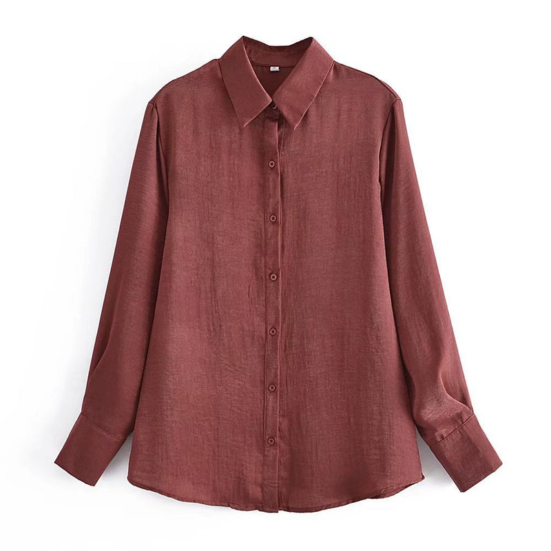 Women Fall Outfits Autumn Satin Chocolate Loose Shirt Single-Breasted Mid-Length Top