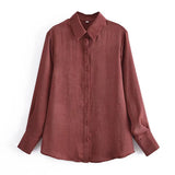 Women Fall Outfits Autumn Satin Chocolate Loose Shirt Single-Breasted Mid-Length Top