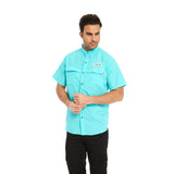Men Habit Shirts Blue Pocket Decorative Lapel Casual Short Sleeve Solid Color